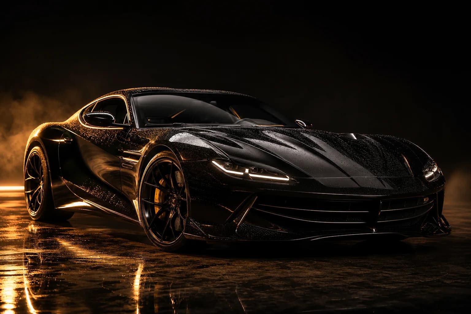 Schwarzes Luxusauto mit makellosem, detailliertem Finish